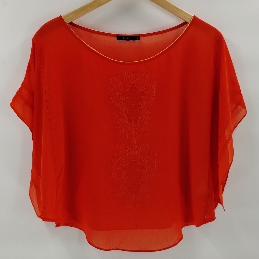 THML Anthropologie Orange Embroidered Cape Flutter Sleeve size medium sheer